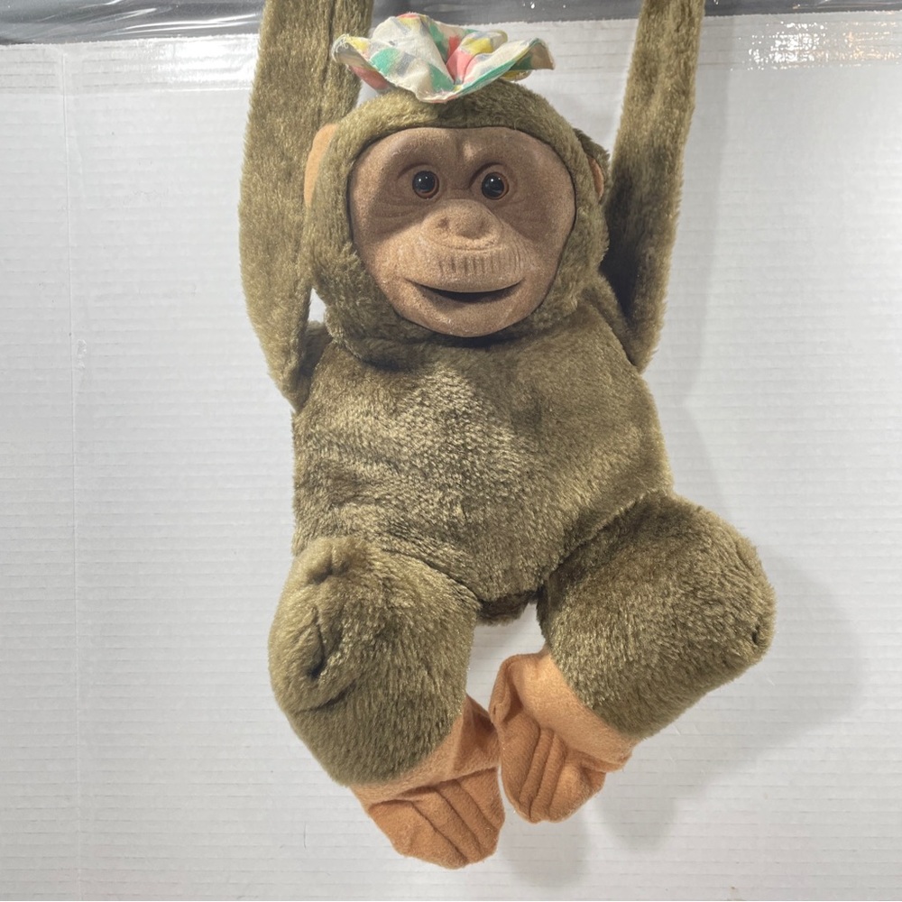 Vintage Flocked Face Monkey Puppet Brown 16” Plush Full Body Long Arms  Chimp